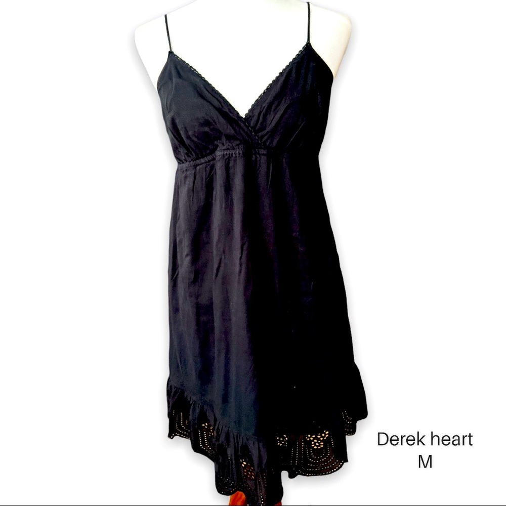 DEREK HEART cotton fully lined empire style spaghetti straps black dress Sz M